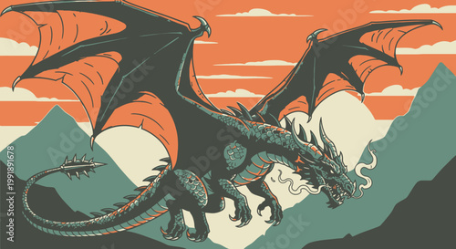 Fantasy dragon with large wings against mountain backdrop illustration