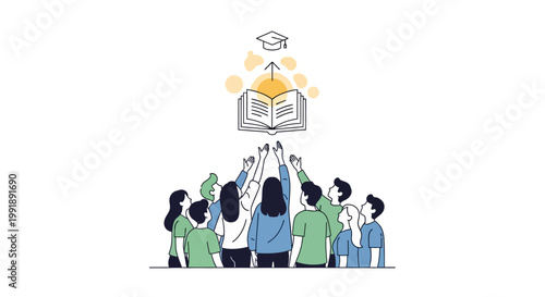 People reaching for a graduation cap above an open book.