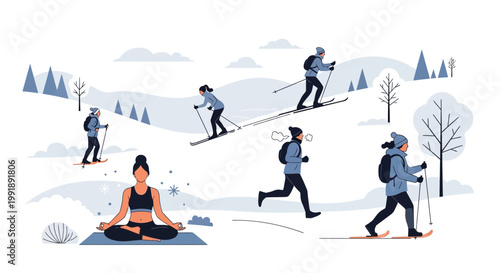 People enjoying winter outdoor activities like skiing, running, and yoga.