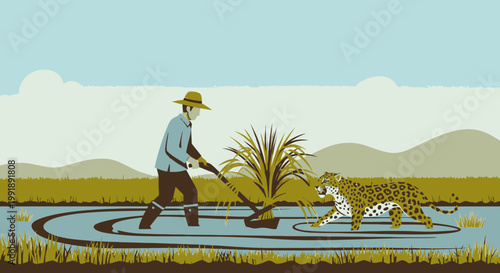 Man cultivating plants near jaguar in a nature scene digital illustration