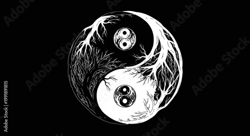 Yin yang symbol with tree branches representing balance and harmony on black background
