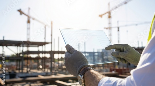 A construction worker examines a glass panel on a building site with cranes