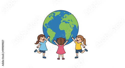 Three children happily holding the planet Earth together.