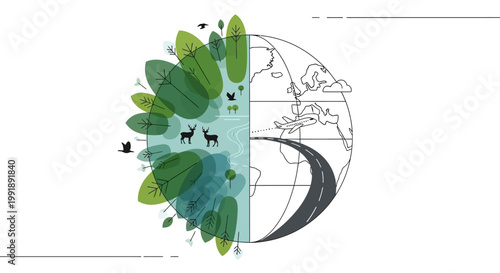 Nature versus technology split earth illustration with animals and transportation
