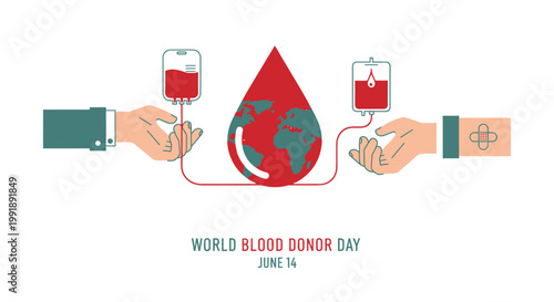 World Blood Donor Day illustration showing global donation and medical care.