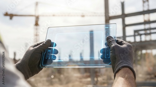 Hands wearing gloves holding transparent tablet with blueprints in construction site