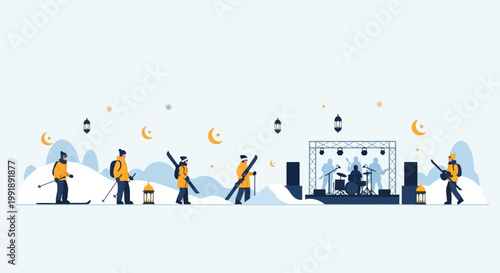 Winter music festival with people skiing and a live band on stage vector illustration