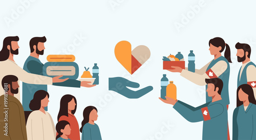 Volunteers providing humanitarian aid and charity donations to people in need.