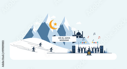 Eid Al-Adha celebration in a winter mountain landscape with skiers and music party
