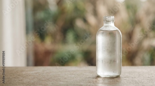 A clear glass bottle sits on a table indoors with greenery outside.