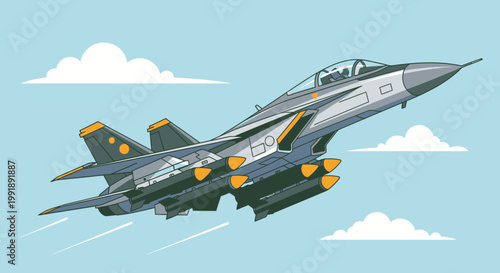 Modern jet fighter aircraft flying in clear sky with clouds illustration