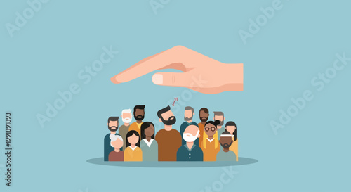 Hand protecting a diverse group of people representing social support and insurance concept