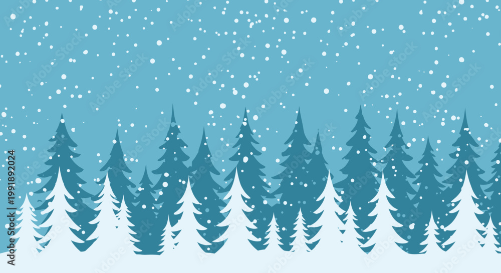 Obraz premium Winter landscape scene with stylized evergreen trees and falling snow