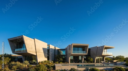 Modern house with geometric design and large windows surrounded by greenery under clear blue sky