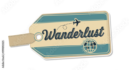 Vintage travel tag illustration featuring wanderlust word and globe icon