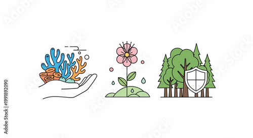 Environmental protection and nature conservation concepts with coral, flower, and forest icons.