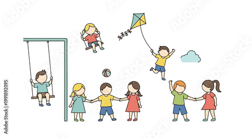 Diverse children playing and having fun outdoors on a sunny day.
