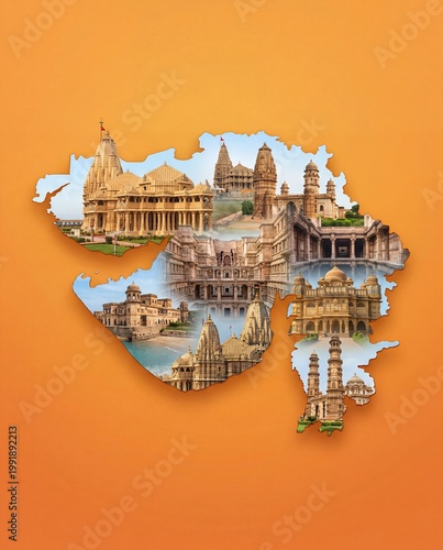 Gujarat formation day banner design with iconic monuments in map.