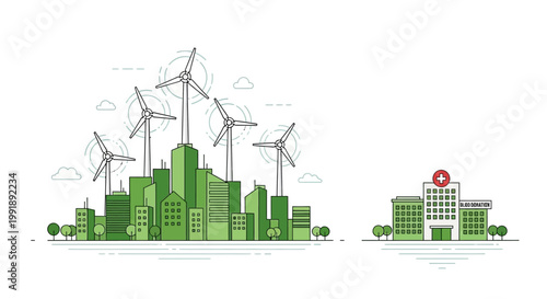 Sustainable green city powered by renewable wind energy with hospital buildings