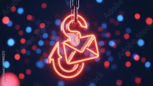 Neon dollar sign glowing on dark background with bokeh lights for finance and business concepts