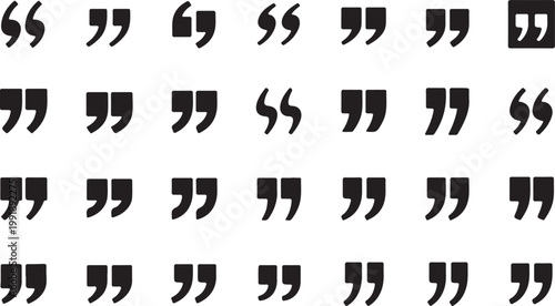 Variations in quotation mark typography styles and designs displayed in a grid format silhouette vector icon