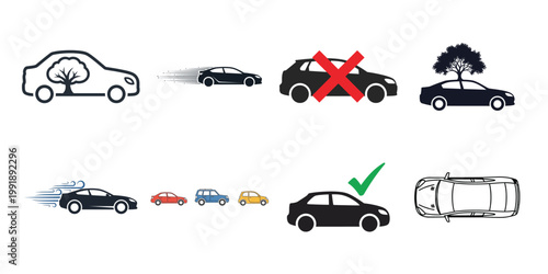 Car safety and autonomous driving concepts illustrated with simple icons