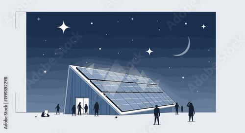 People observing a modern solar panel building under a starry night sky.