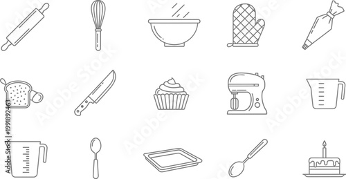 Line art icons representing various household and cleaning tools
