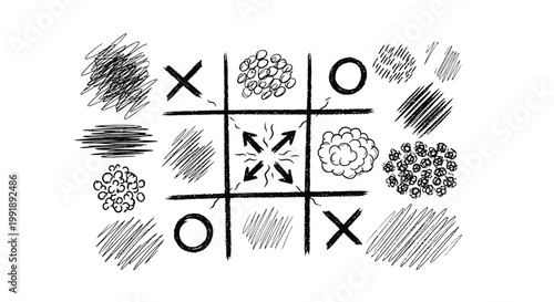 Hand drawn tic tac toe game, sketch flowers, black and white vector illustration, game icons set