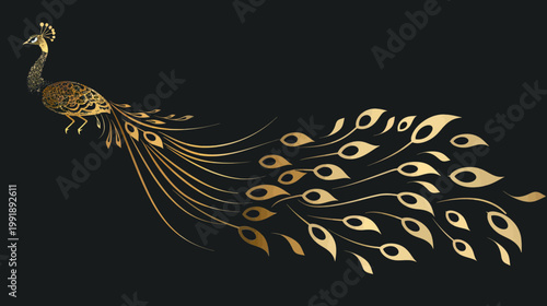 Elegant golden peacock illustration against a black background for design elements