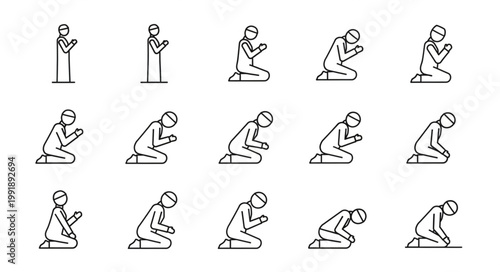 Islamic Prayer Poses Line Art Collection.