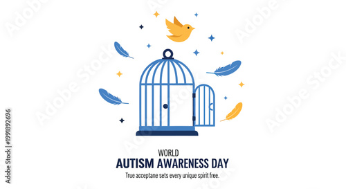 Autism awareness day, World Autism Awareness Day, blue birdcage icon, yellow bird flying out, social cause symbol