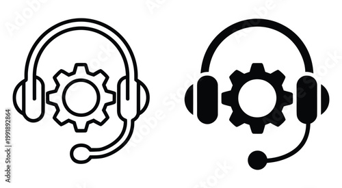 Headsets with gear icons set in gray, black and blue colors featuring tech support symbols, customer service communication elements, help desk tools, and modern professional