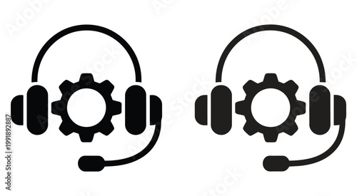 Headsets with gear icons set in gray, black and blue colors featuring tech support symbols, customer service communication elements, help desk tools, and modern professional