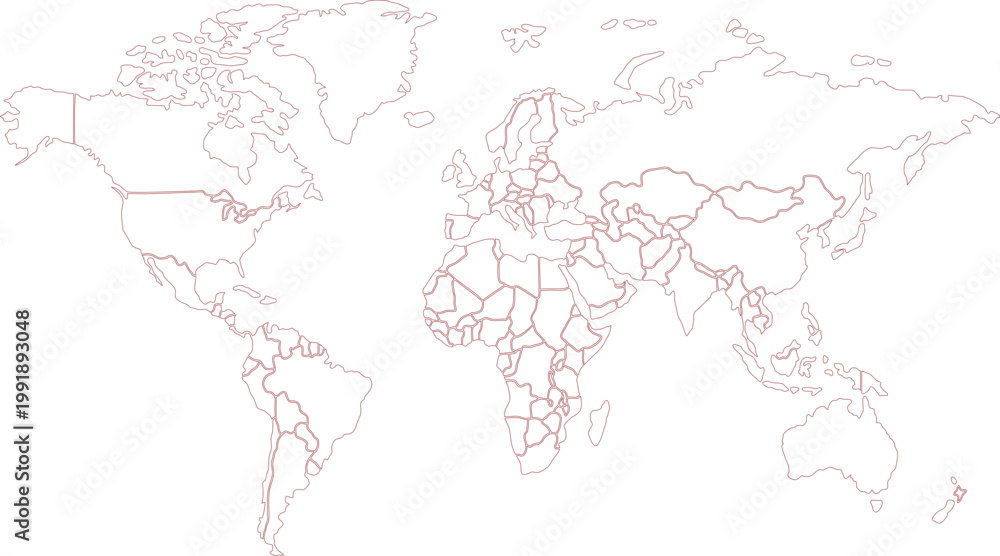 Fototapeta premium World Map Outline Red Border Country Boundaries White Background