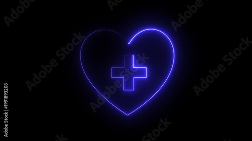Neon Heart with Medical Cross, Glowing Medical Symbol with Heart .glowing neon love + icon with blue and rad line animation on a black background.4K