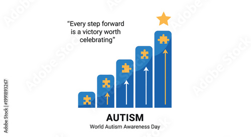 Autism awareness, World Autism Awareness Day, blue bar graph with gold stars, motivational quote, autism acceptance
