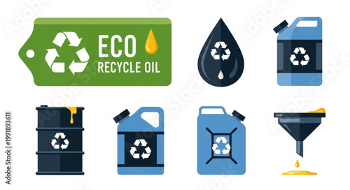 Set of eco friendly oil recycling and storage icons.