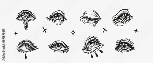 Surreal Tattoo Style Eyes, Occult Symbols, Mystic and Emotional Engraving Art Collection