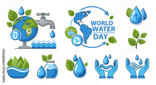 World water day illustration set showing water drops and earth for design