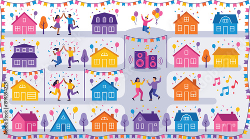 Party celebration dancing people flat vector illustration set with happy friends balloons music confetti festival dance poses and joyful event scenes isolated design.