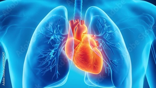 Medical illustration of human heart and lungs, suitable for biology education, medical research, health presentation, clinical study, and cardiology.