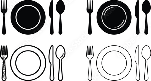 Set of black and white cutlery icons with dinner plates forks knives and spoons in silhouette and outline style for restaurant menu and dining etiquette design.