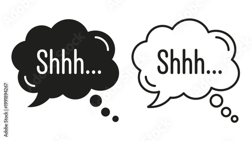 Shhh speech bubble vector icon set with solid and outline comic chat symbols, silence message elements isolated on white background.