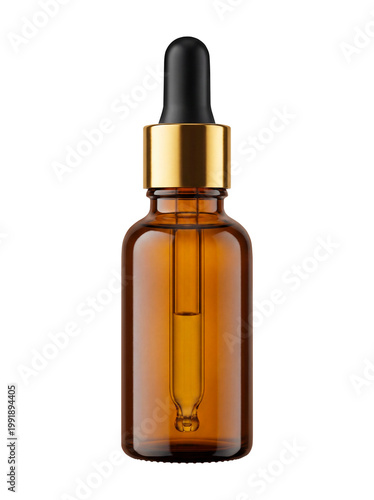 Amber Glass Dropper Bottle with Pipette Isolated on Transparent Background – Cosmetic Serum Packaging