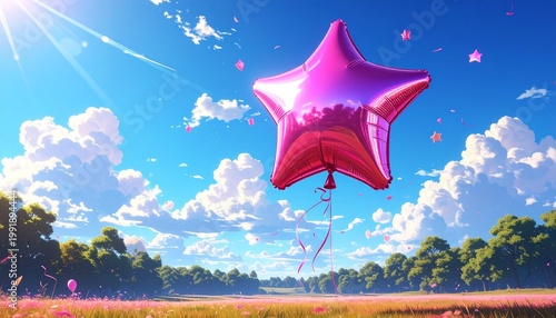 A shiny pink star balloon floats above green grass under a bright blue sky, sunlight reflecting off its metallic surface, blending whimsical celebration with serene natural beauty in vivid contrast.