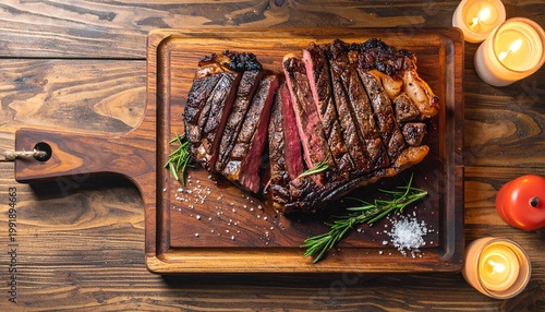 A juicy grilled T‑bone steak with charred grill marks rests on a wooden board, pink center glowing, rosemary sprig atop, coarse salt scattered, candlelit background evoking warmth and appetite.