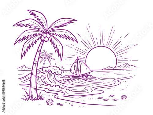 Beach vibes artwork for t shirt. Summer paradise design. Palm tree sketch with sailboat. Ocean wave artwork. Tropical holiday beach design.