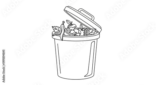Line Art Illustration of Open Trash Can with Organic Waste
