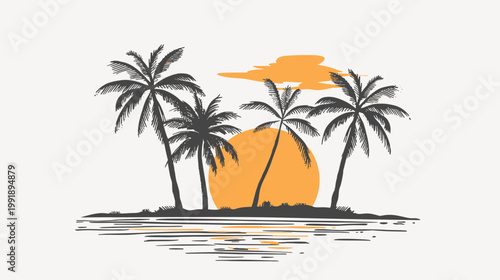 Sunset scene with palm trees and orange sun illustration on white background